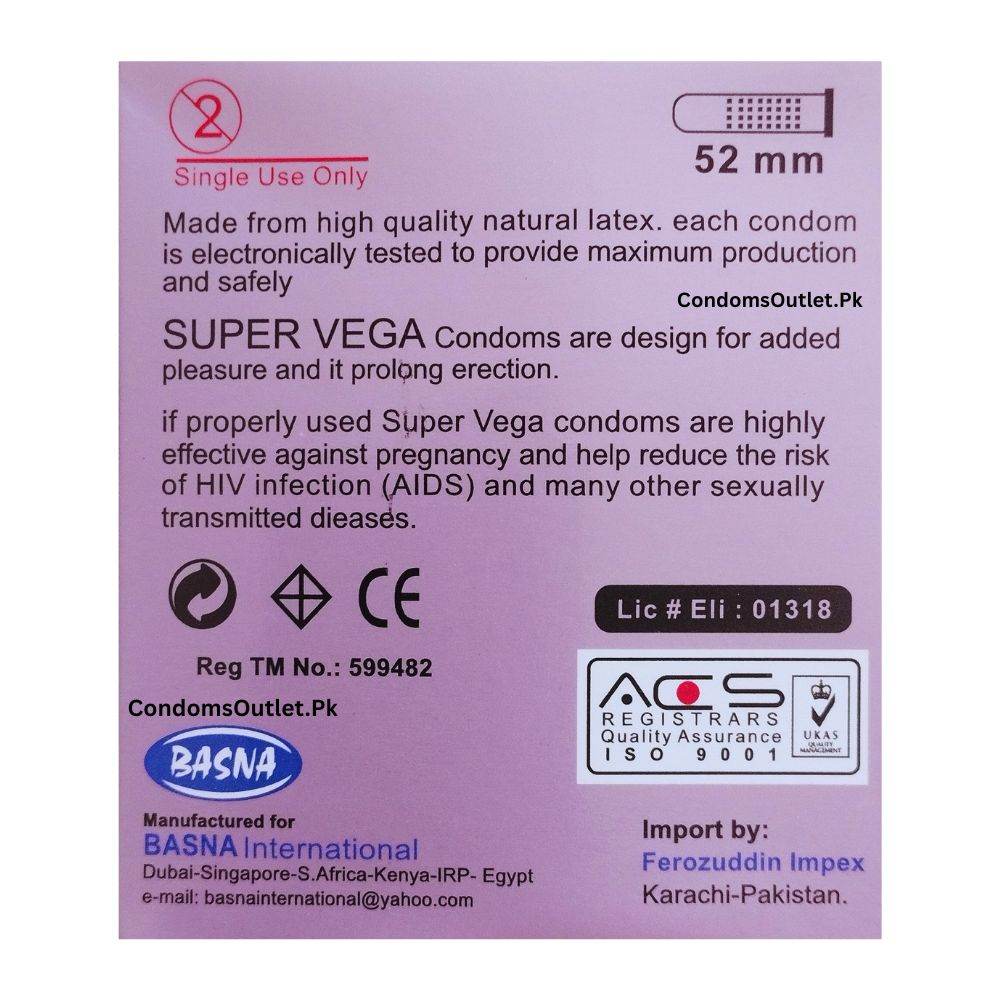 Box of Super Vega Jasmine Scented Delay Condoms - Pack of 3 - Back side