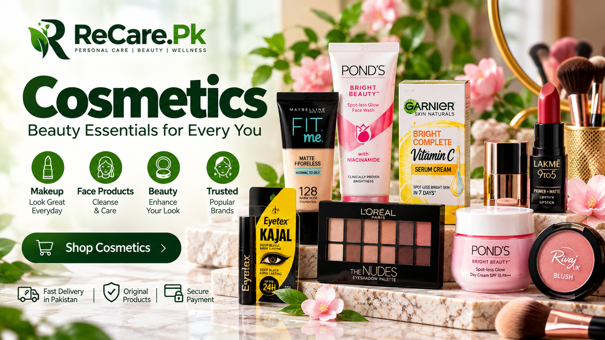 Cosmetics and makeup products including foundation, lipstick, face products and eye shadow at ReCare.Pk Pakistan