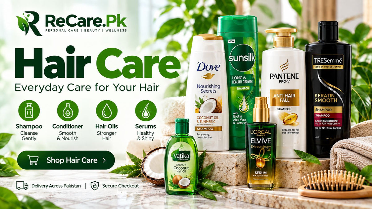 Hair care products including shampoo, conditioner, hair oil and serum at ReCare.Pk