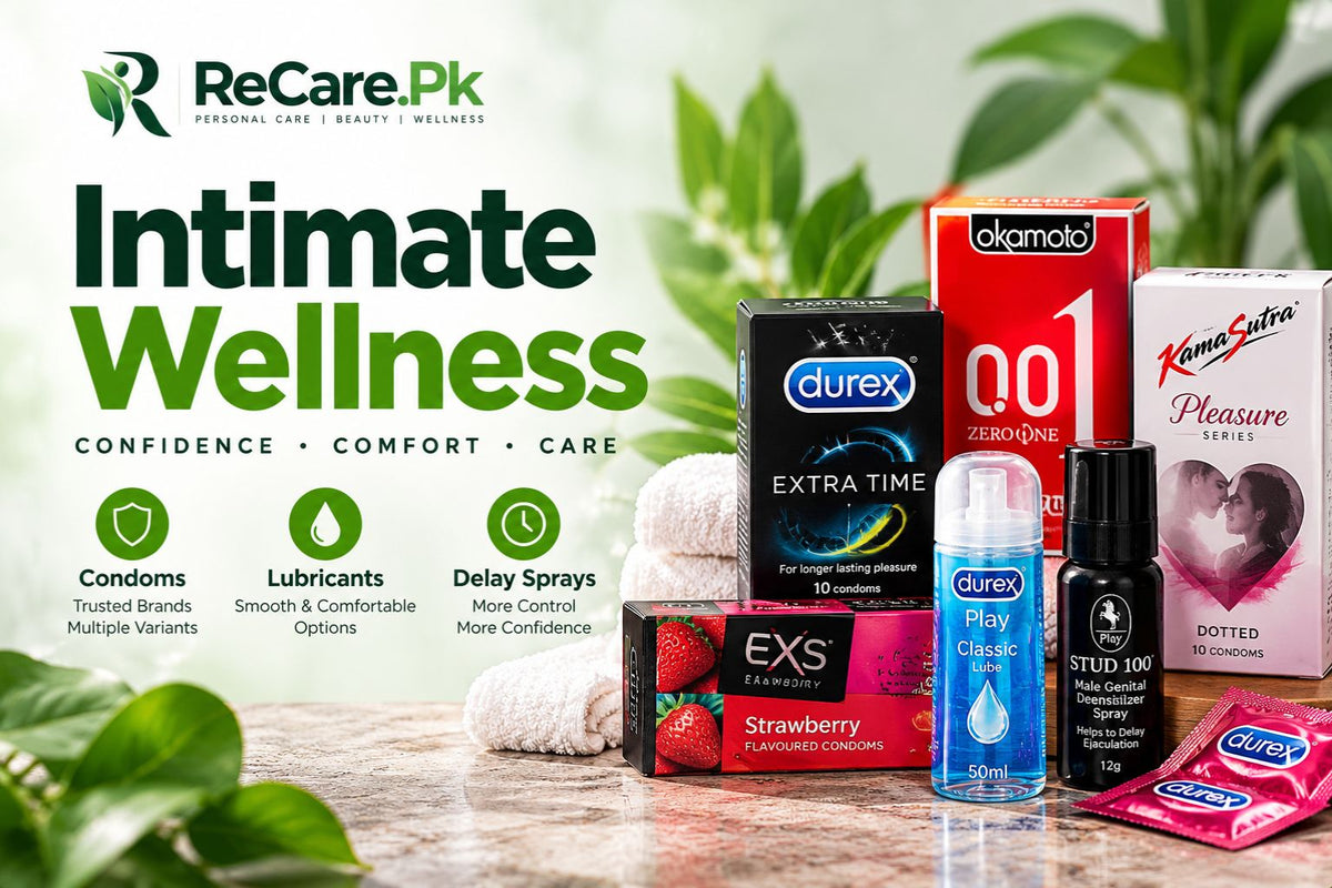 Intimate wellness products including condoms, lubricants and delay sprays at ReCare.Pk